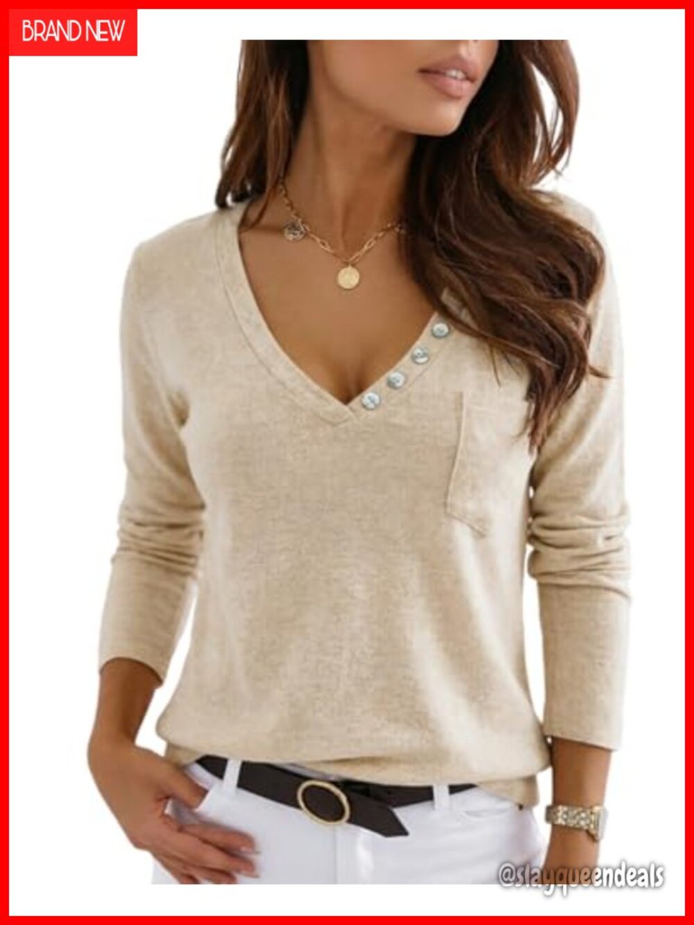 Women's V-Neck Long Sleeve Button Top Soft Knit Blouse